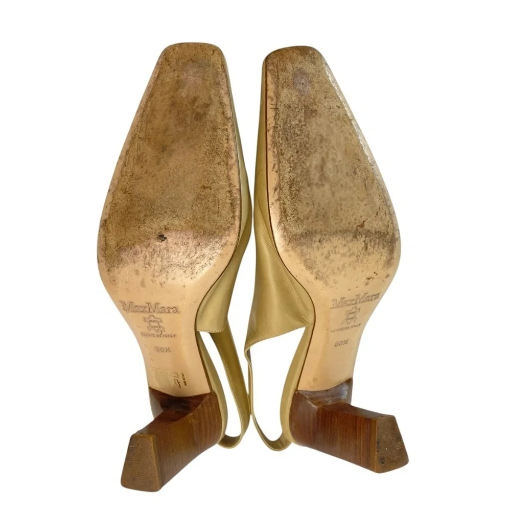 MAX MARA - Slingback Leather Sandals Block Heel Beige Size 38.5